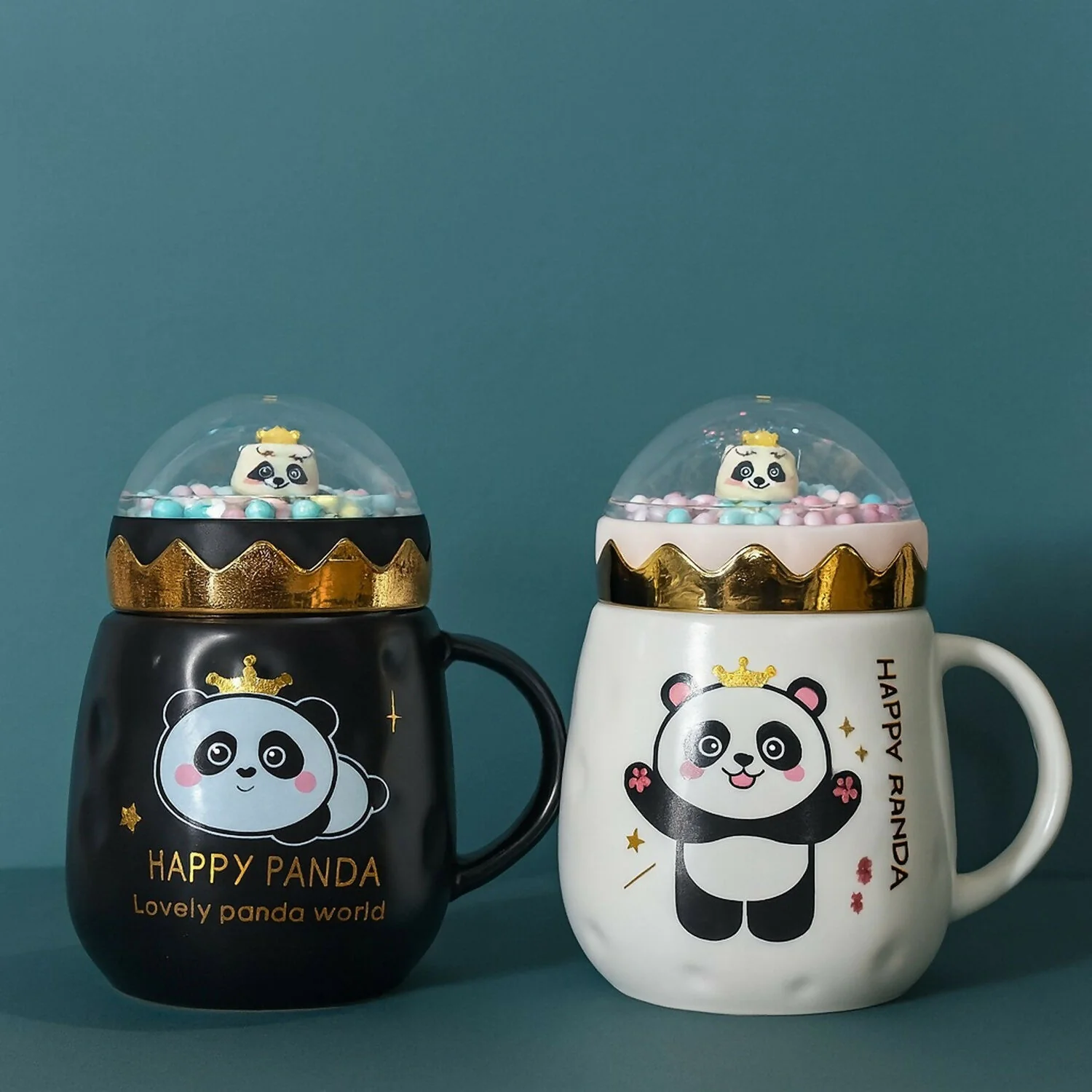 Happy Panda Ceramic Mug with Dome Lid & Golden Crown | Cute Gift for Kids & Girls - Image 3