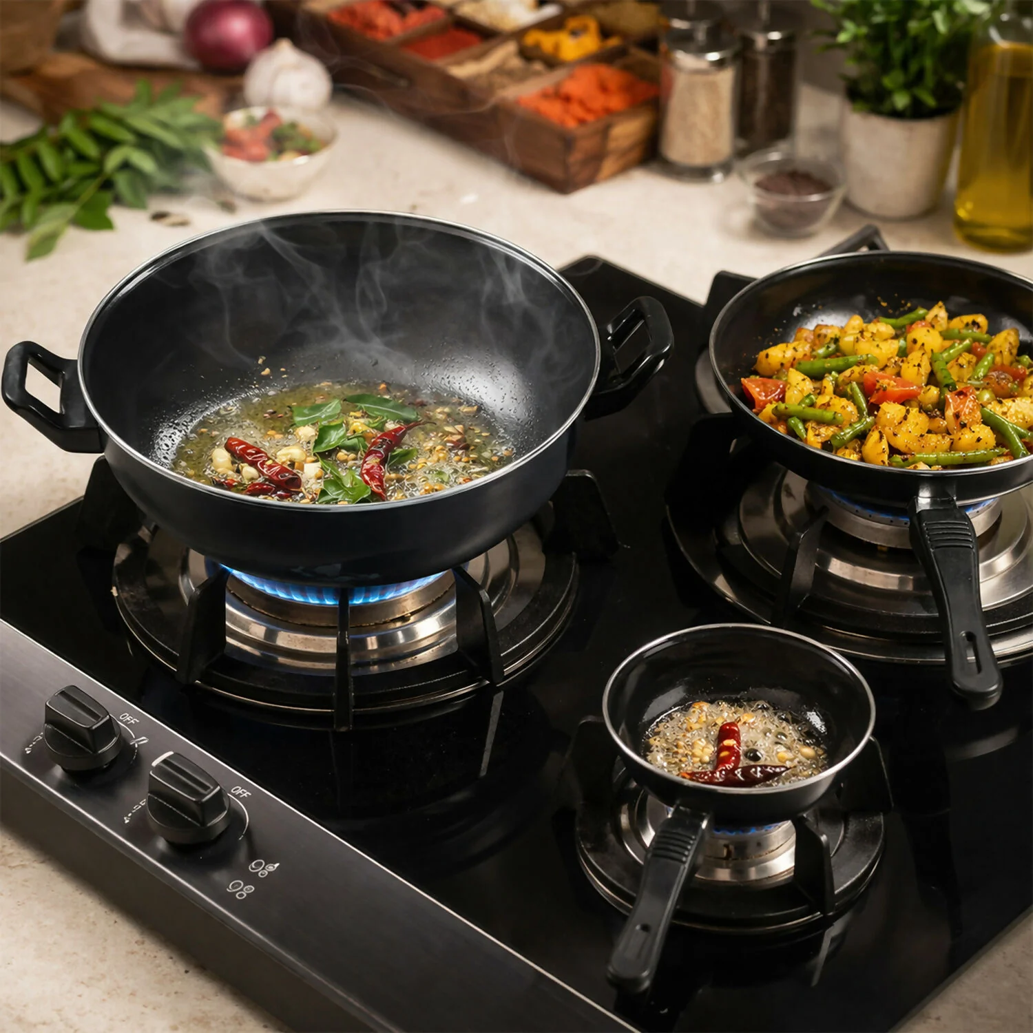 Hard Anodized Cookware Set Kadhai Fry Pan Tadka Pan Heavy Duty Kitchen Set (3 Pc) - Image 4