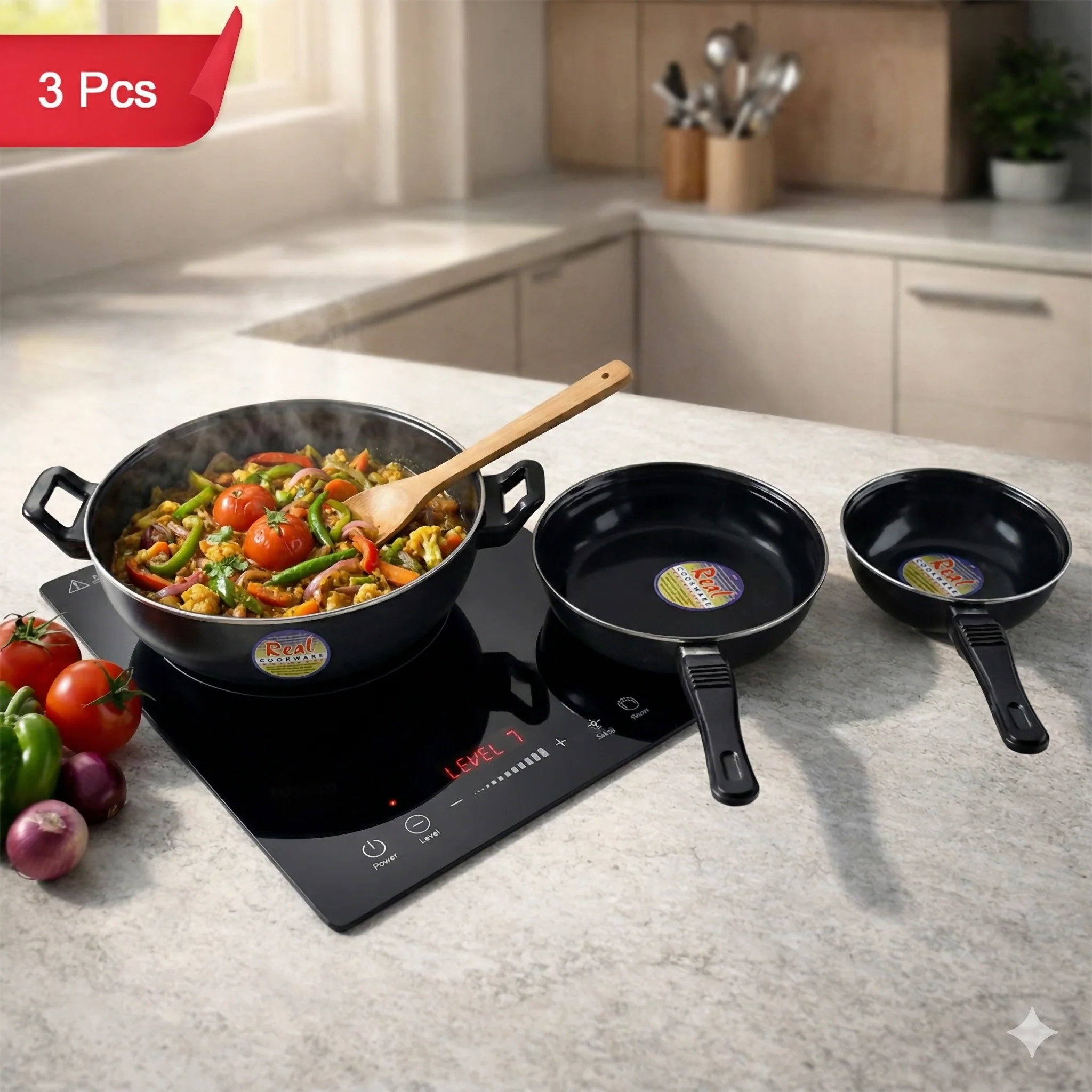Hard Anodized Cookware Set Kadhai Fry Pan Tadka Pan Heavy Duty Kitchen Set (3 Pc) - Image 6