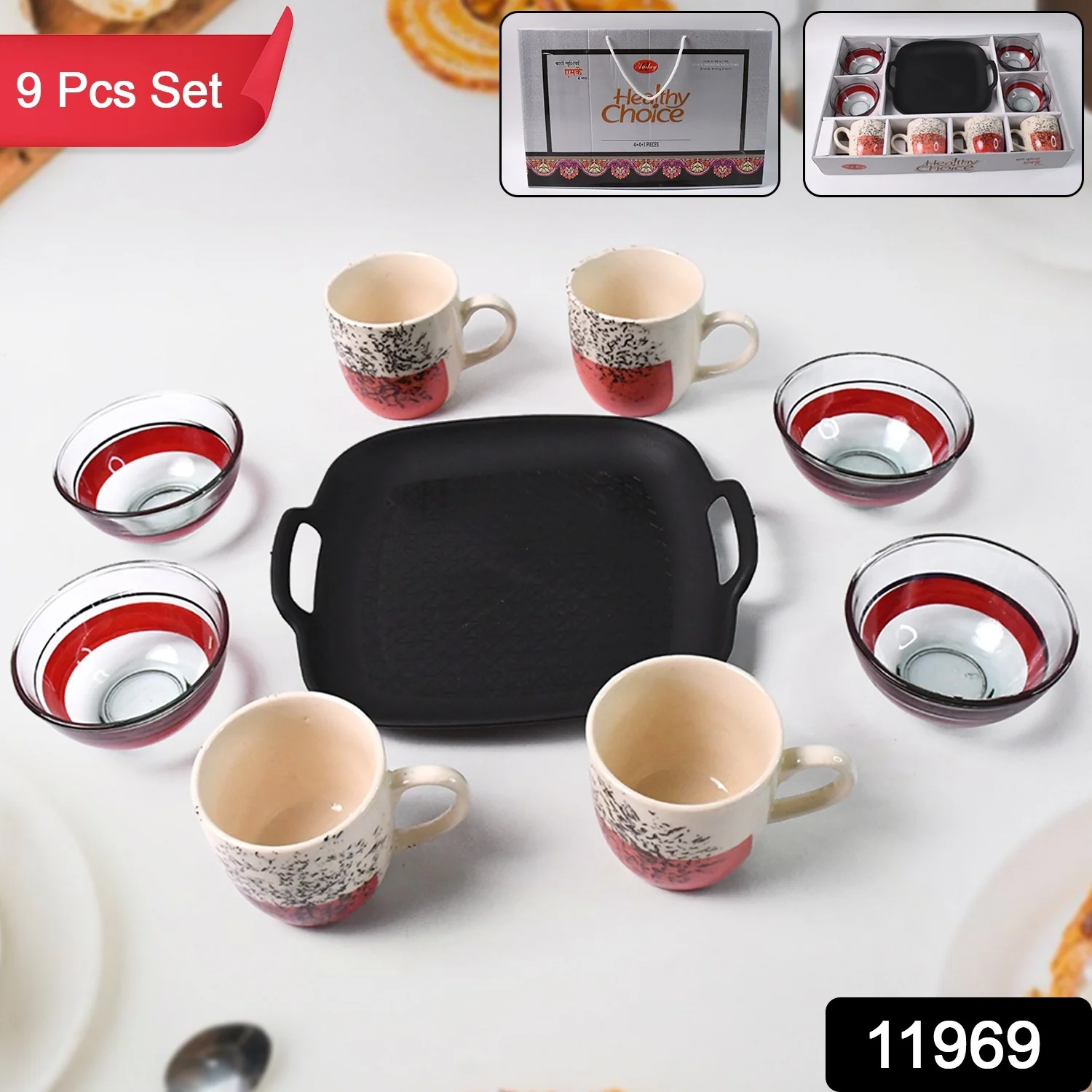 Set Of Ceramic Cup 4pc And Glass Bowl 4pc With Plastic Plate (9 Pcs Set) - Image 2