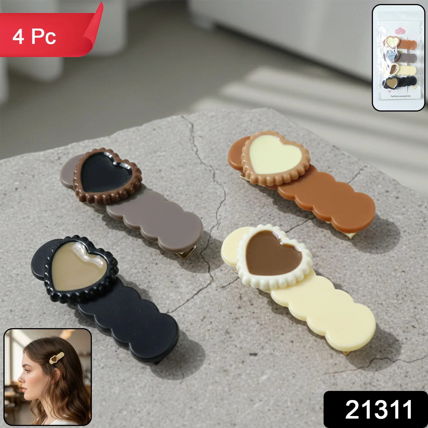 Heart Design Decorative Hair Clips Set (4 Pc) - Image 2