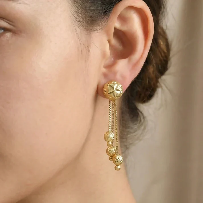 Heart Motif Designer Gold Earrings With Stone Line Work And Elegant Hanging Drop - Image 2