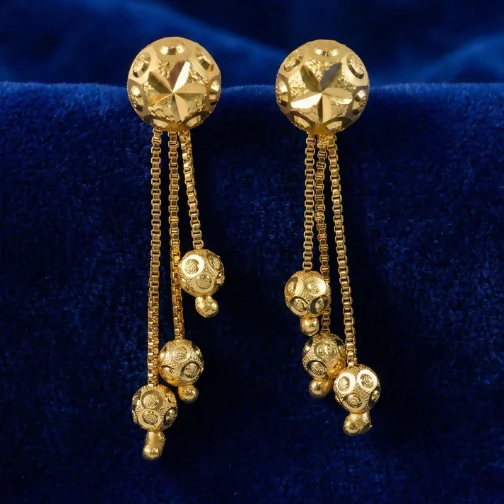 Heart Motif Designer Gold Earrings With Stone Line Work And Elegant Hanging Drop - Image 3