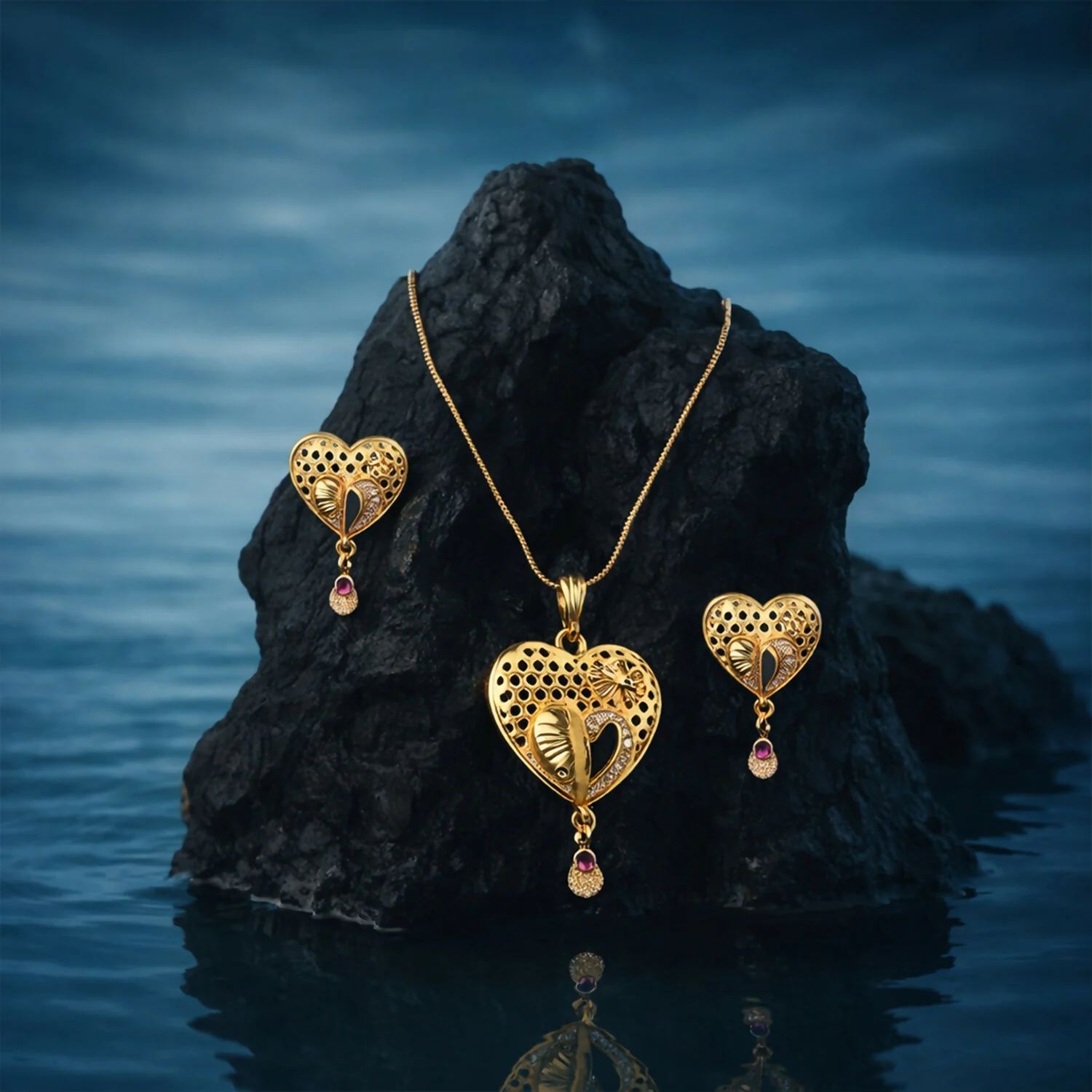Heart Motif Gold Pendant and Earring Set Elegant Traditional Jewelry Set for Women - Image 4