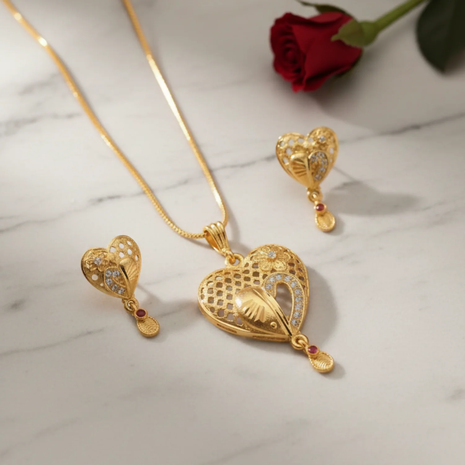 Heart Motif Gold Pendant and Earring Set Elegant Traditional Jewelry Set for Women - Image 8