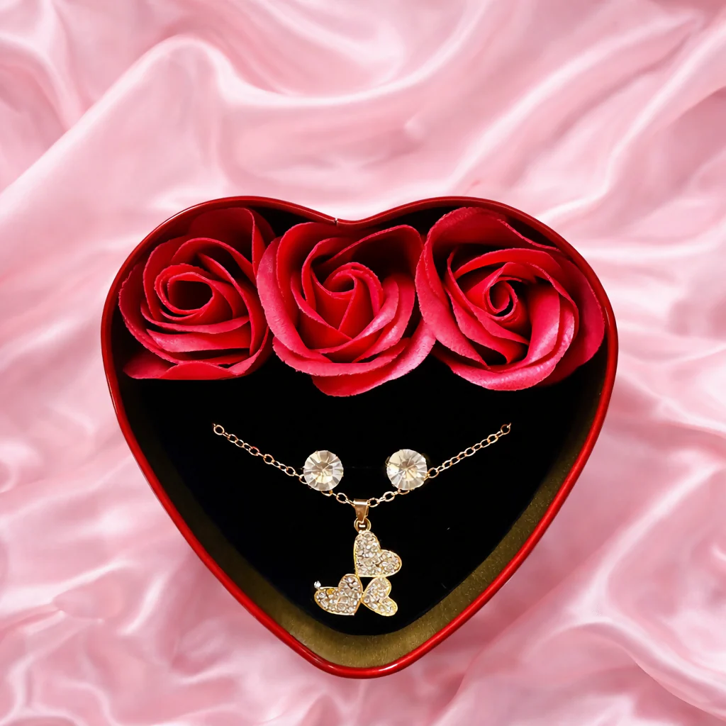 Heart Shape Gift Box with Artificial Roses & Butterfly Pendant Necklace for Gifting (DESIGN MAY VARY OF THE NECKLACE) - Image 2