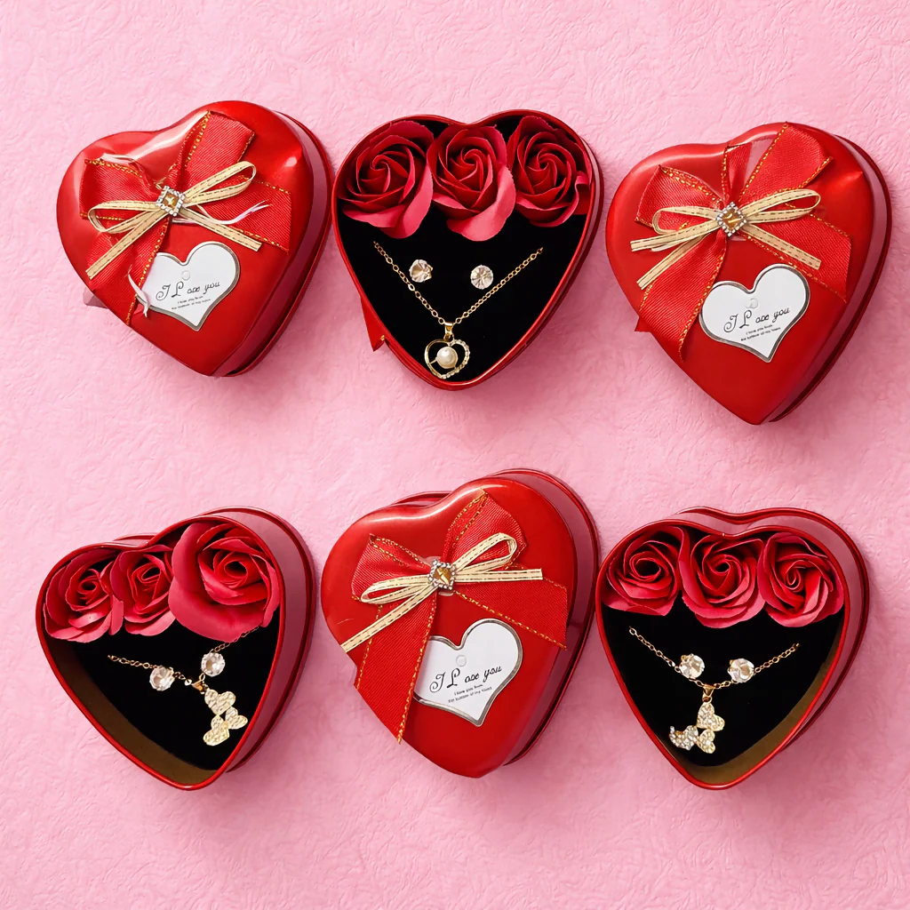 Heart Shape Gift Box with Artificial Roses & Butterfly Pendant Necklace for Gifting (DESIGN MAY VARY OF THE NECKLACE) - Image 4