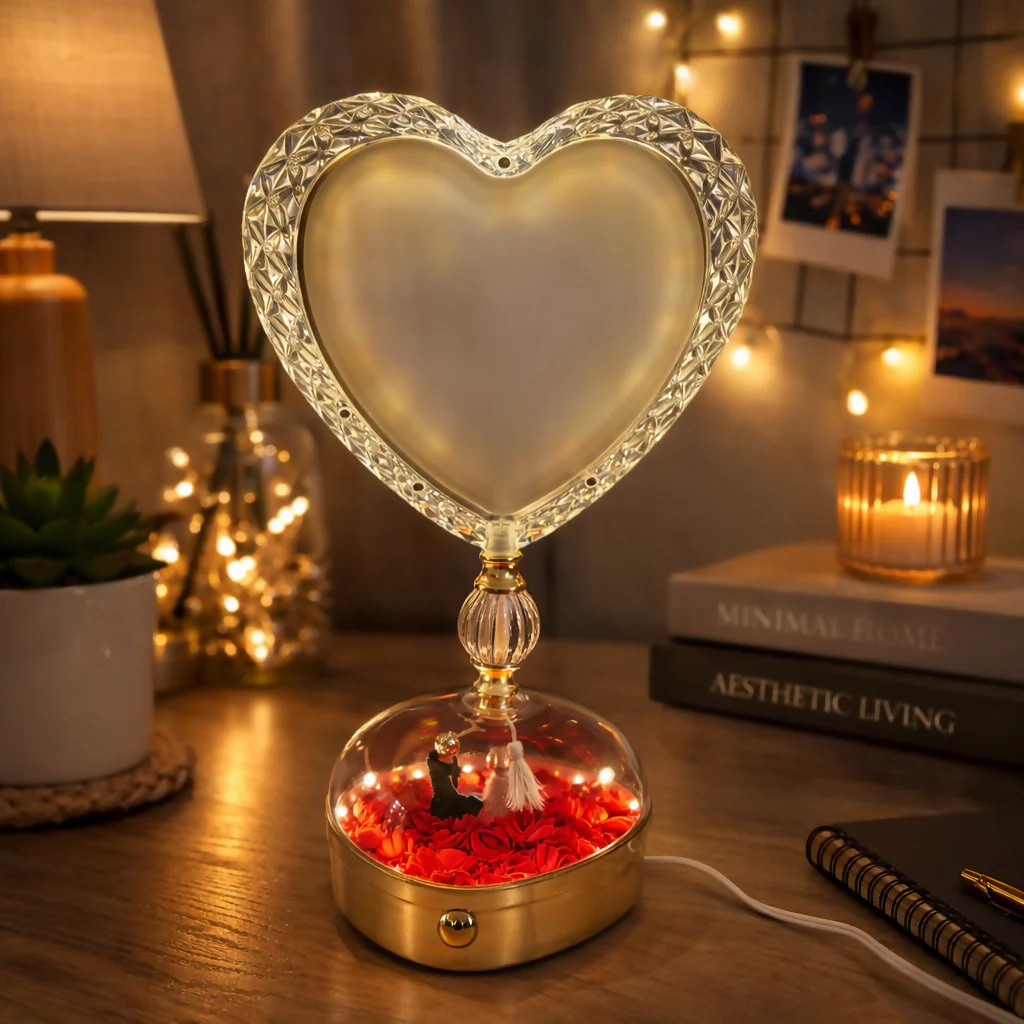 Heart Shape LED Photo Frame Lamp with Rose Dome Base Light - Image 4