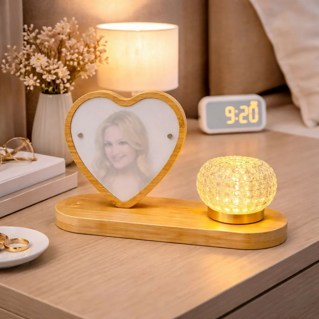 Heart Shape Wooden Photo Frame Lamp with LED Crystal Light - Image 2
