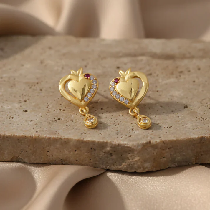 Heart Shaped Gold Finish Earrings With Crystal Border And Delicate Hanging Drop - Image 2