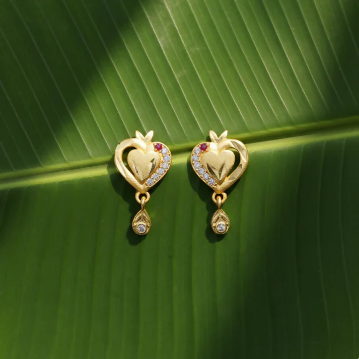 Heart Shaped Gold Finish Earrings With Crystal Border And Delicate Hanging Drop - Image 3