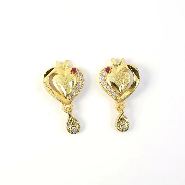 Heart Shaped Gold Finish Earrings With Crystal Border And Delicate Hanging Drop - Image 5