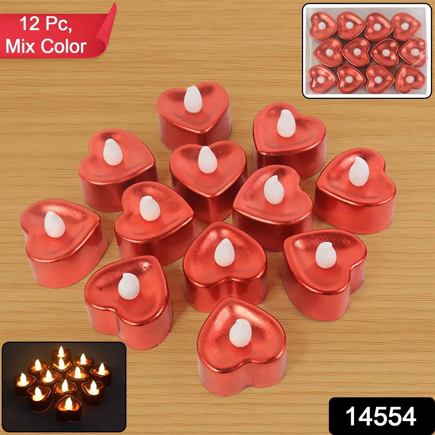 Heart Shaped LED Tea Light Candles (Mix Color / 12 Pc) - Image 2