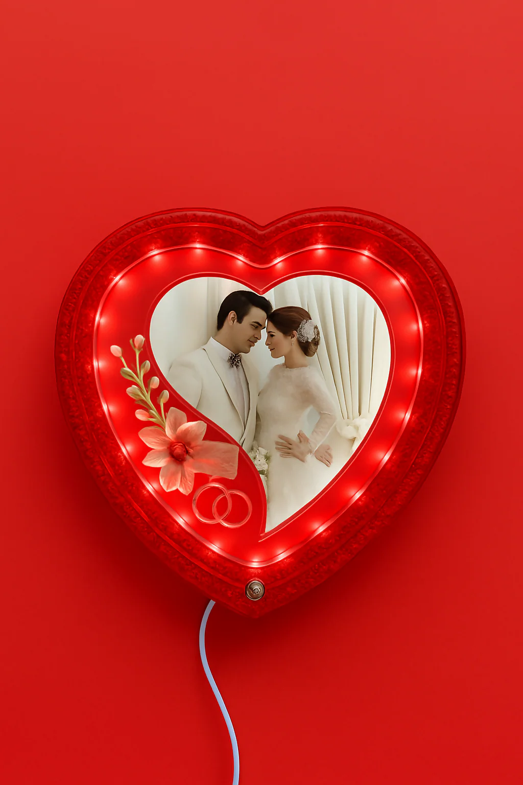 Heart-Shaped LED Wedding Photo Frame | Glowing Red Decorative Picture Frame with Floral Design & Rings | 4x6 Inch Couple Photo Frame | Romantic Gift for Anniversary, Valentine’s Day, Wedding & Home Décor - Image 2