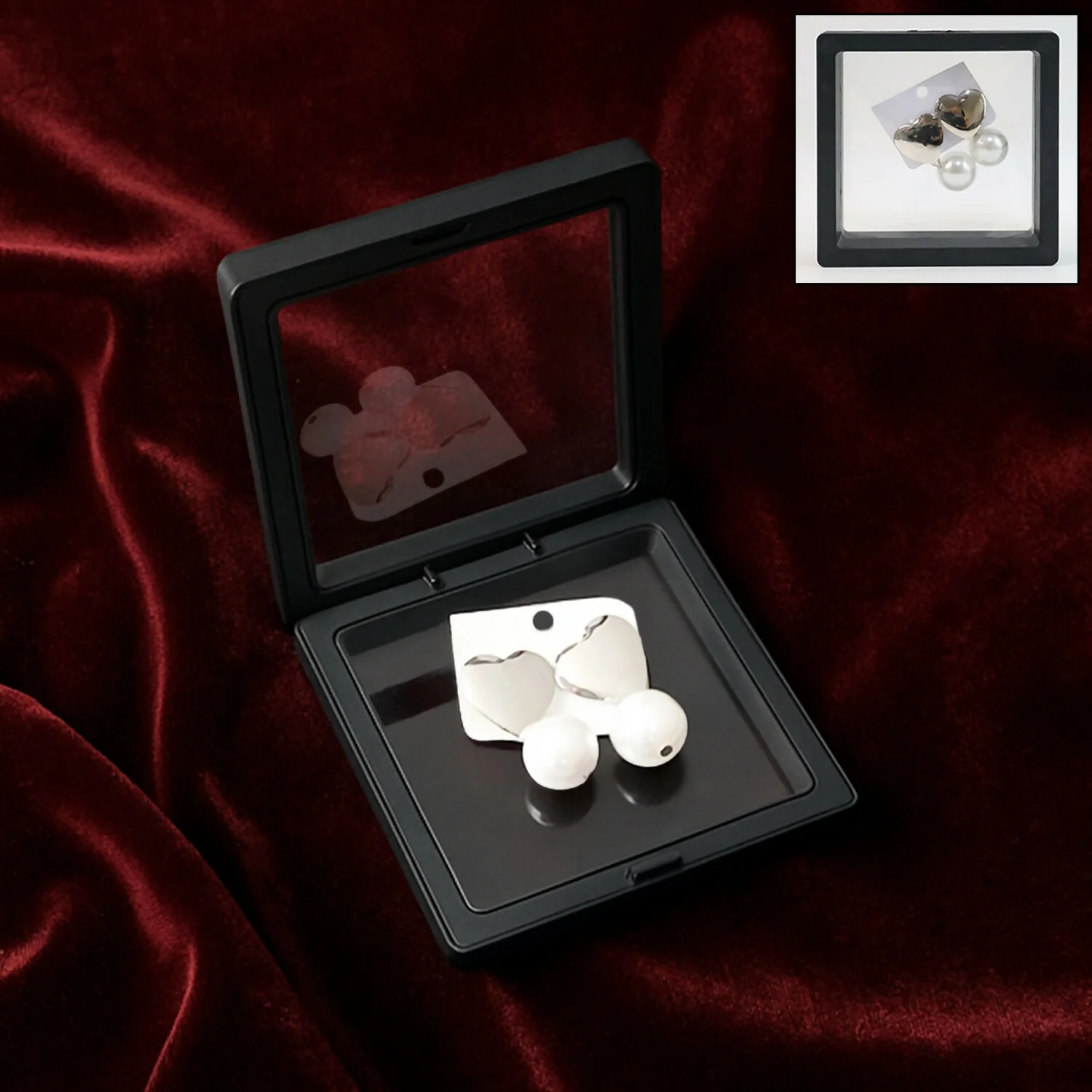 Heart-Shaped Stud Earrings with Dangling Pearls in Elegant Display Case - Image 2