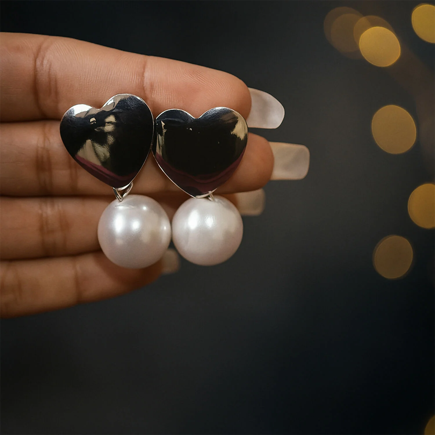 Heart-Shaped Stud Earrings with Dangling Pearls in Elegant Display Case - Image 5