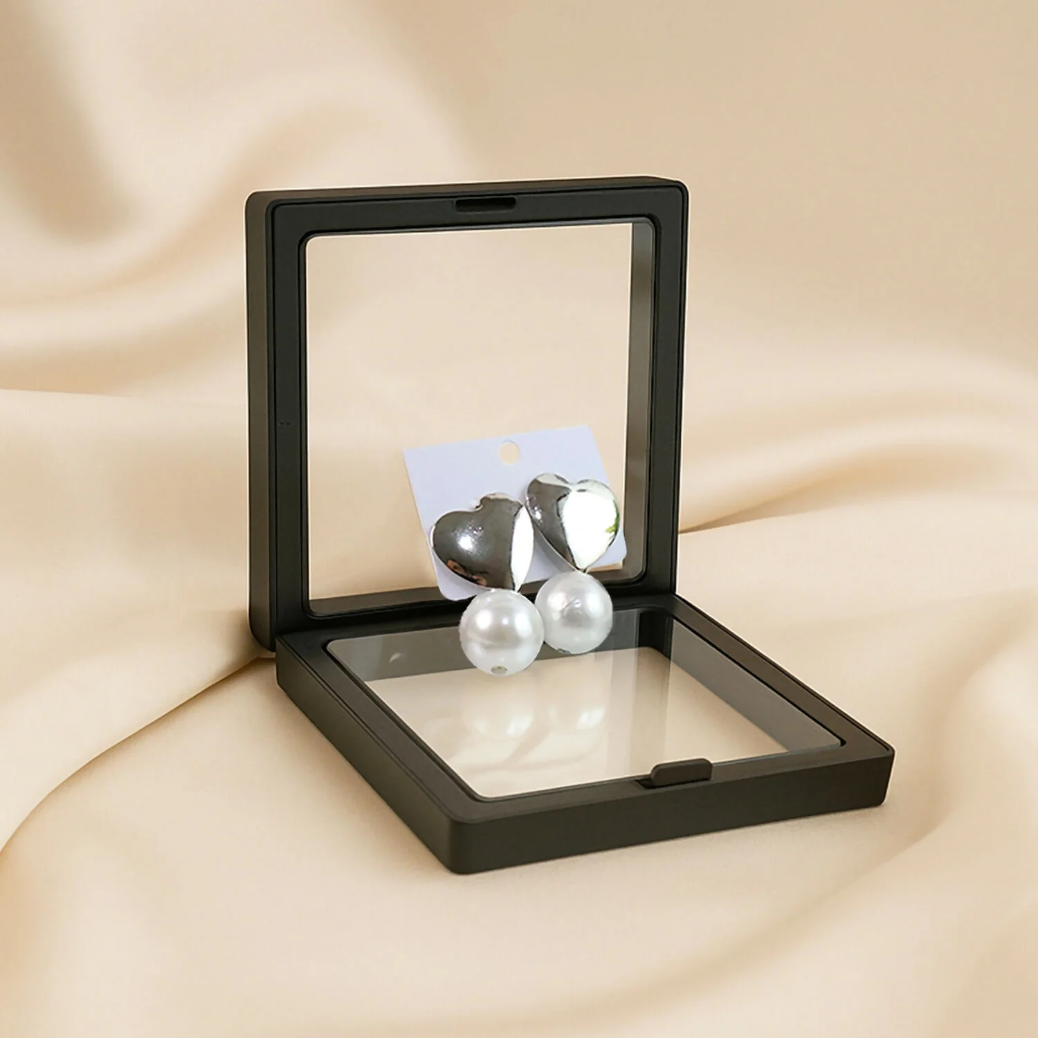 Heart-Shaped Stud Earrings with Dangling Pearls in Elegant Display Case - Image 7