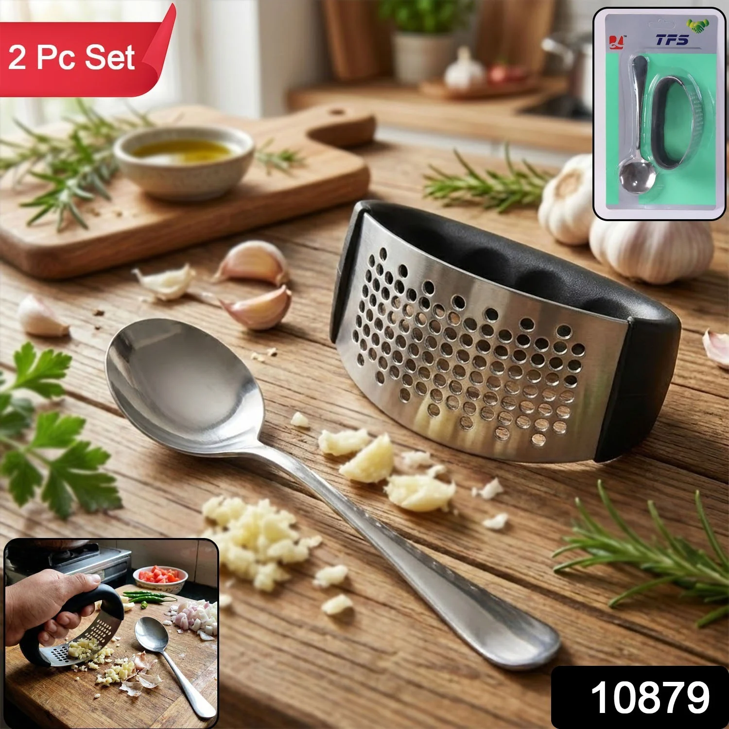 Heavy-Duty Garlic Press Tool with Spoon Set (2 Pc Set) - Image 2