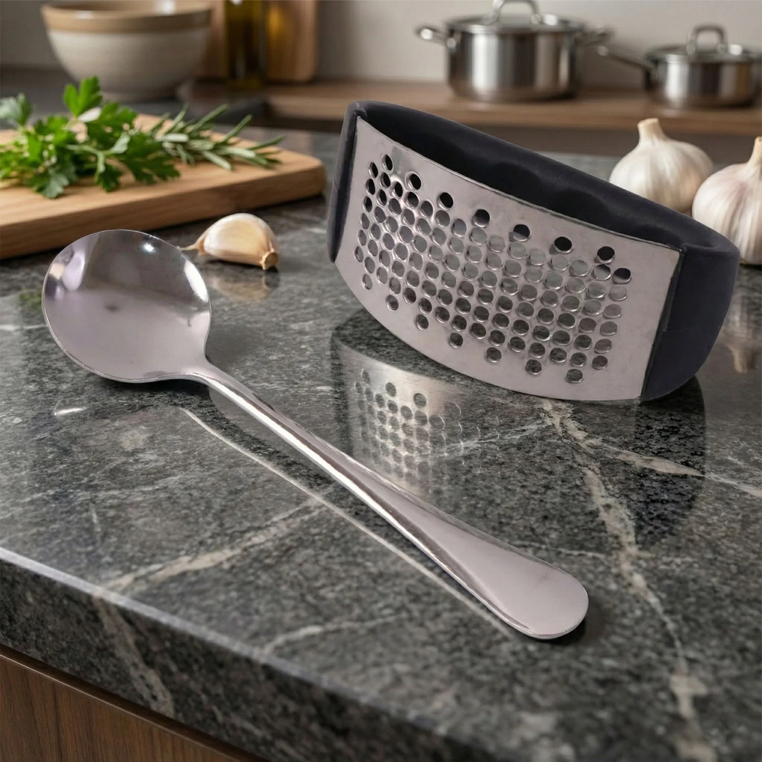 Heavy-Duty Garlic Press Tool with Spoon Set (2 Pc Set) - Image 7