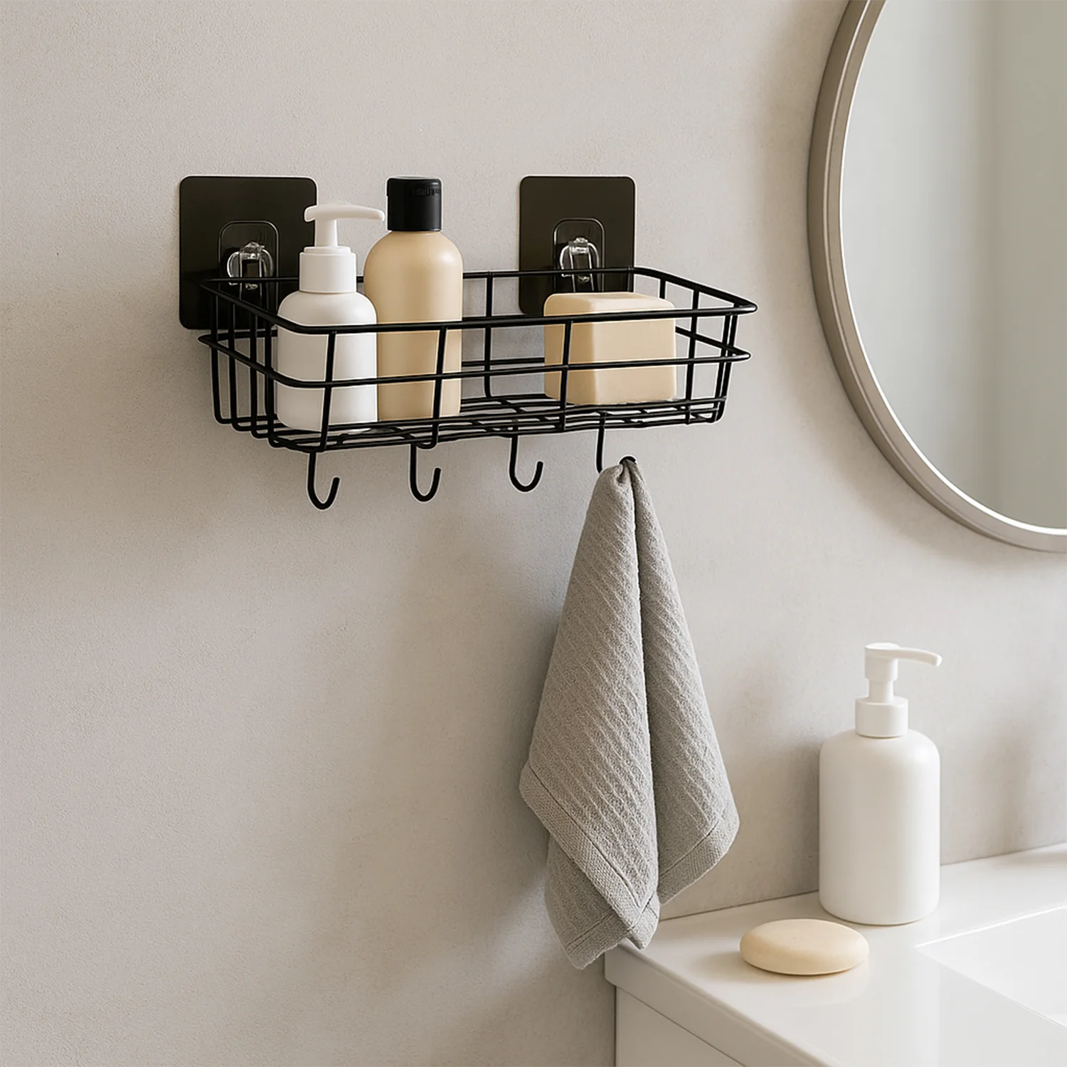Heavy-Duty Self-Adhesive Wall Storage Baskets with Hooks (Pack of 2) - Image 3