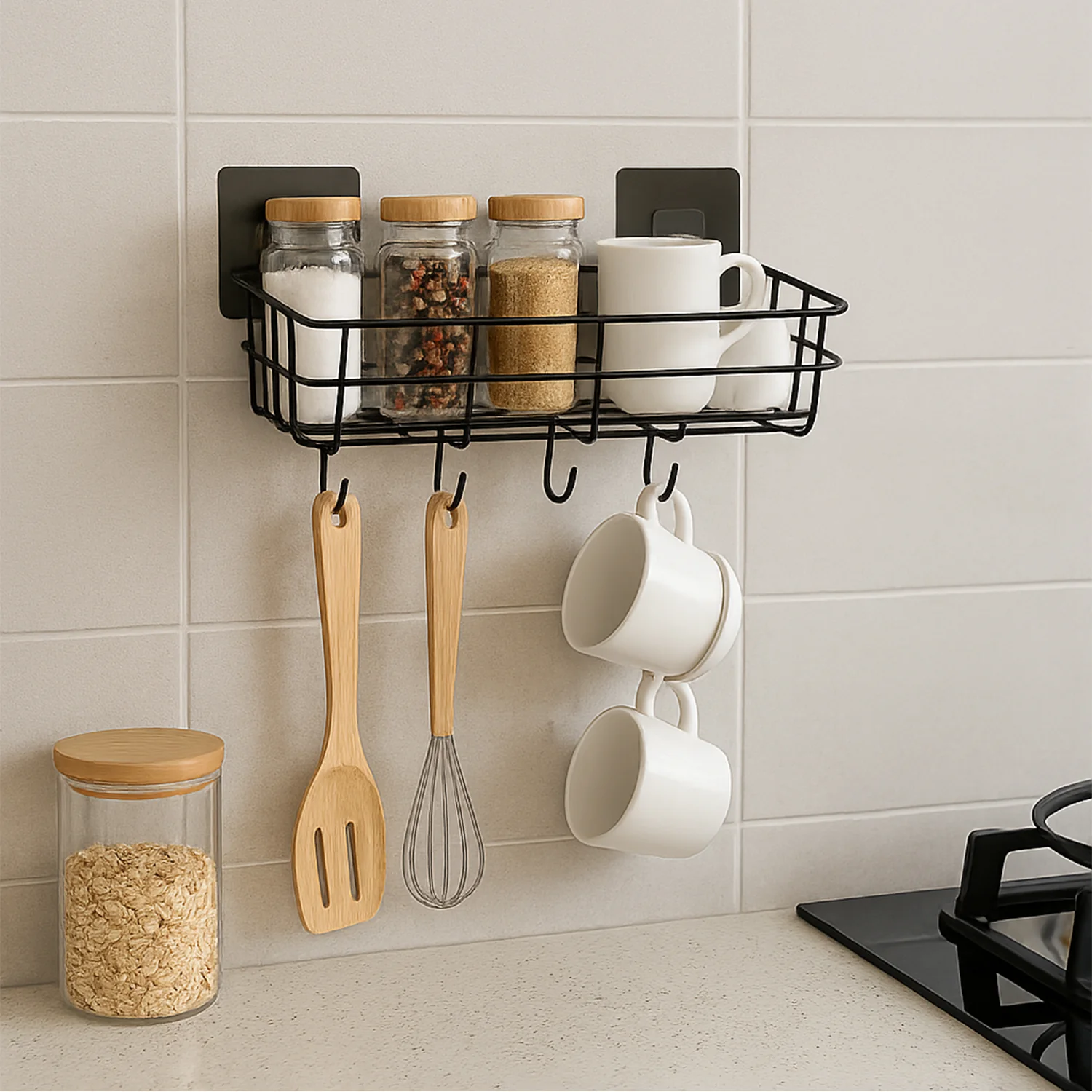 Heavy-Duty Self-Adhesive Wall Storage Baskets with Hooks (Pack of 2) - Image 7