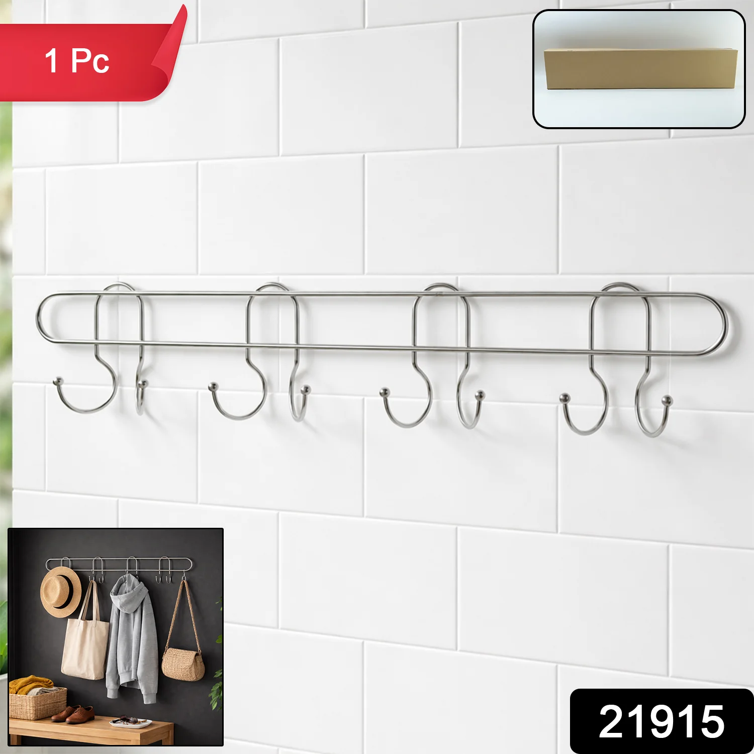 Heavy Duty Stainless Steel Wall Mounted Hook Rack (1 Pc) - Image 2