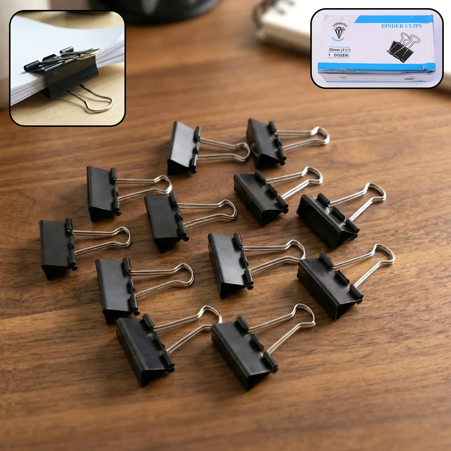 Medium Size Heavy-Duty Black Binder Clips Set (32 mm, 12 Pc)
