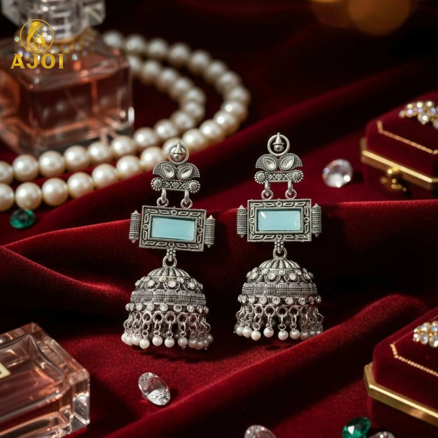 Heritage Royal Oxidized Silver Jhumka Earrings with Aqua Stone Earring - Image 3