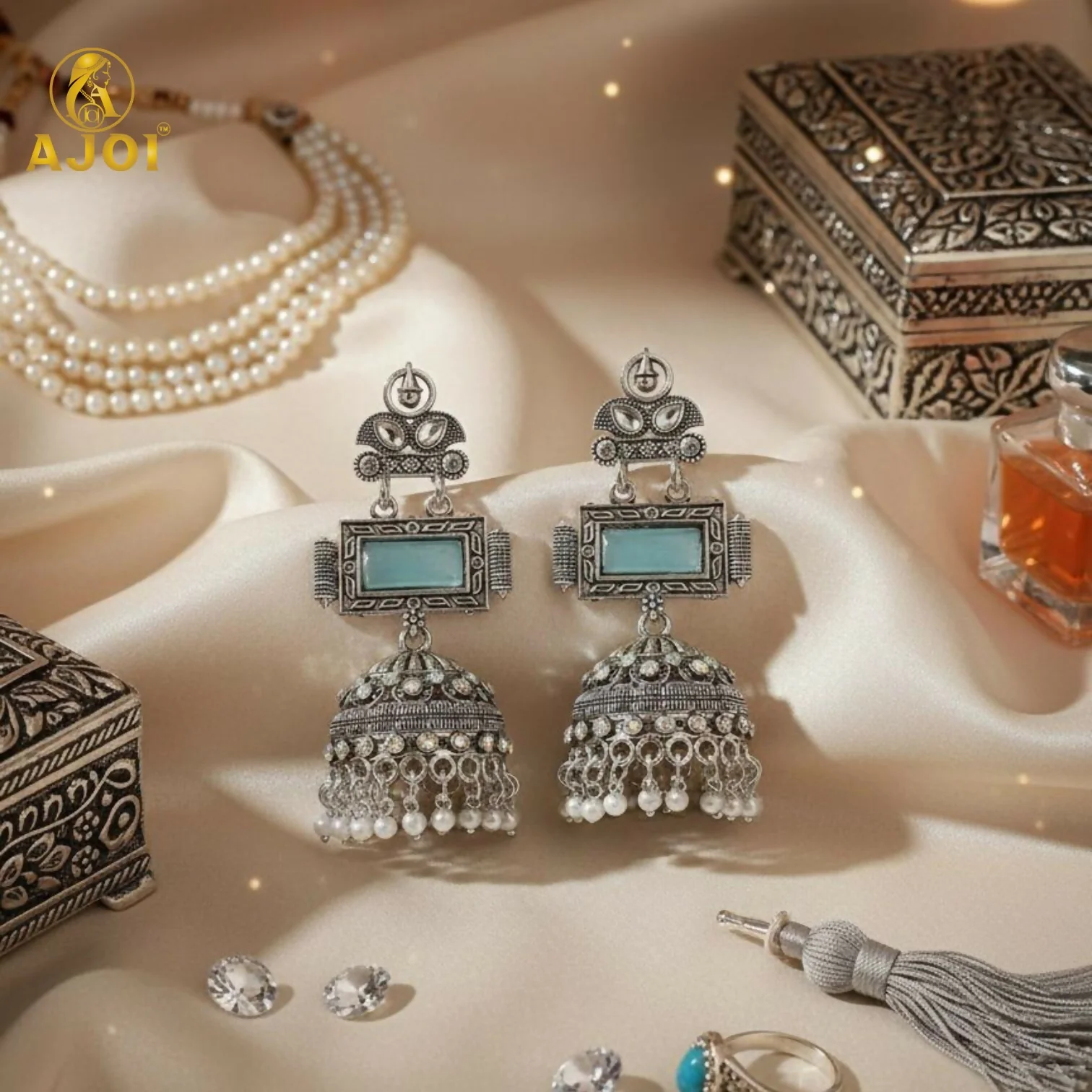 Heritage Royal Oxidized Silver Jhumka Earrings with Aqua Stone Earring - Image 4