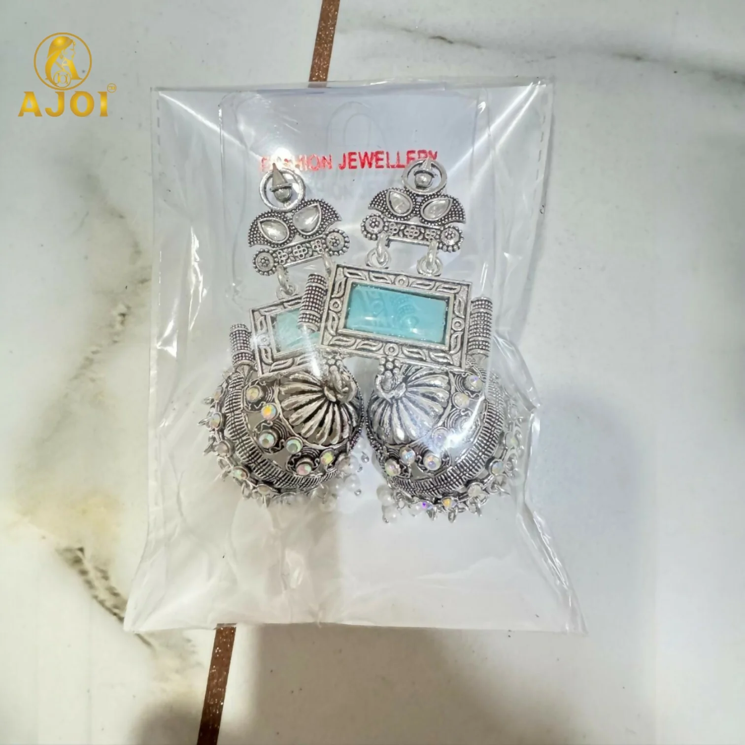 Heritage Royal Oxidized Silver Jhumka Earrings with Aqua Stone Earring - Image 5