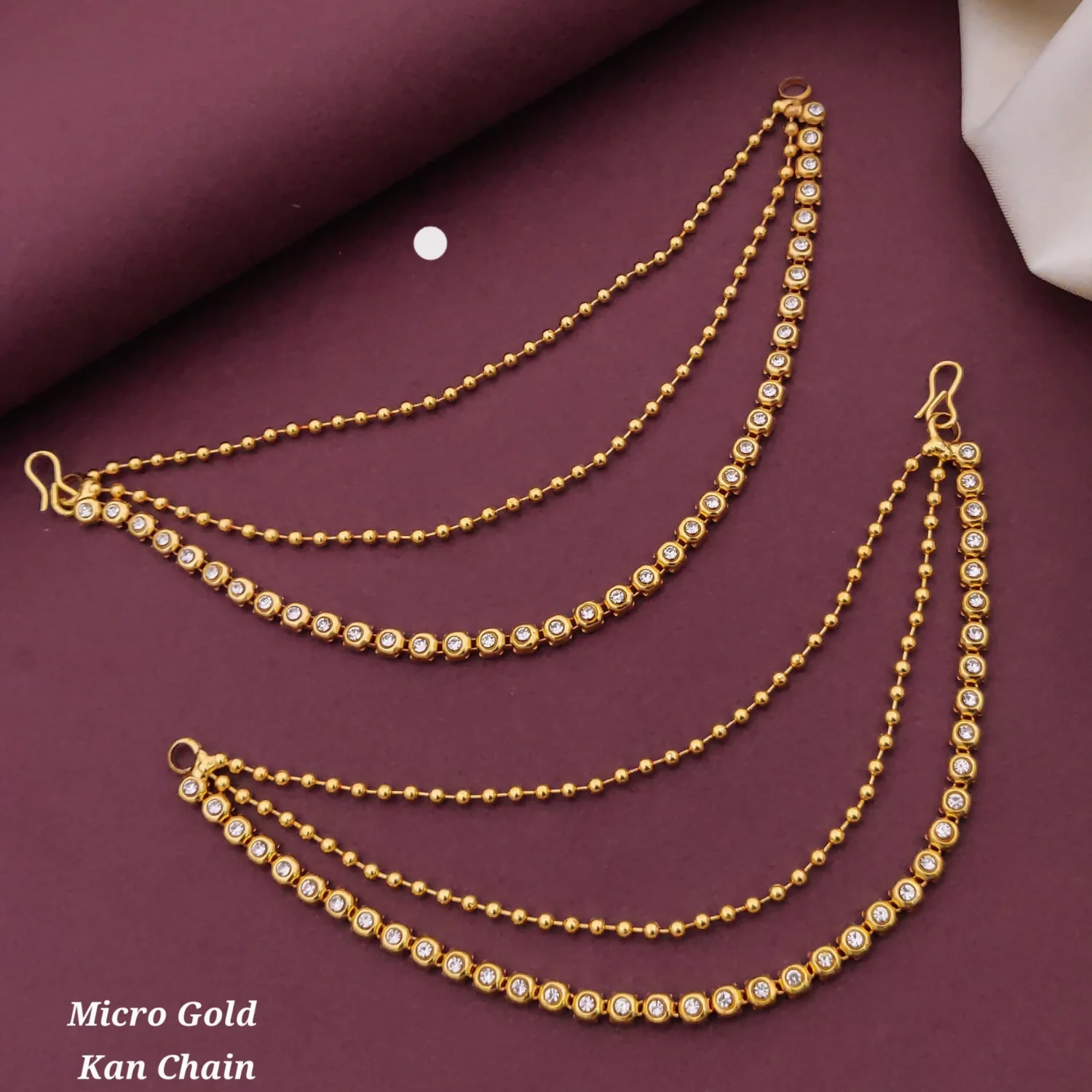 High Quality Gold Plated Triple Strand Ear Chains for Weddings (White) - Image 2