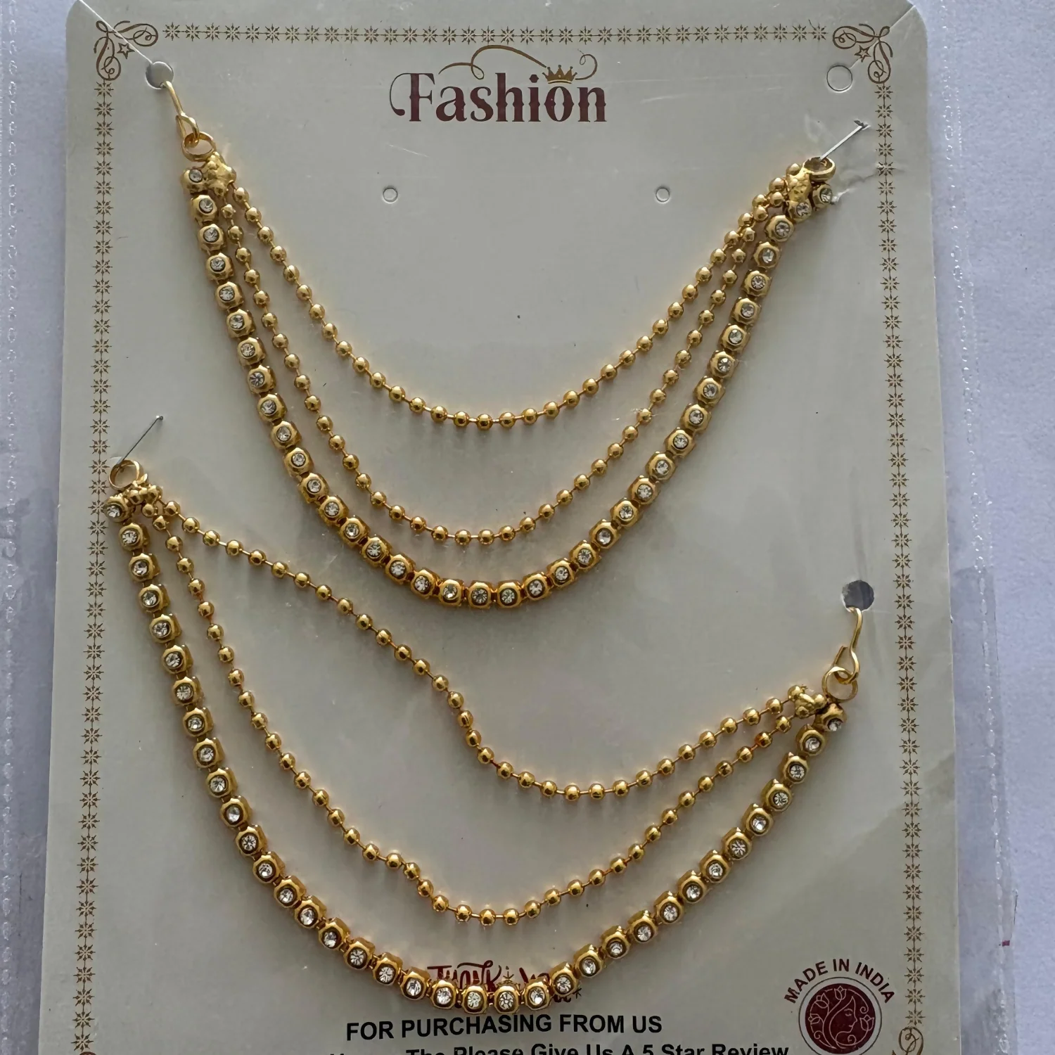 High Quality Gold Plated Triple Strand Ear Chains for Weddings (White) - Image 5