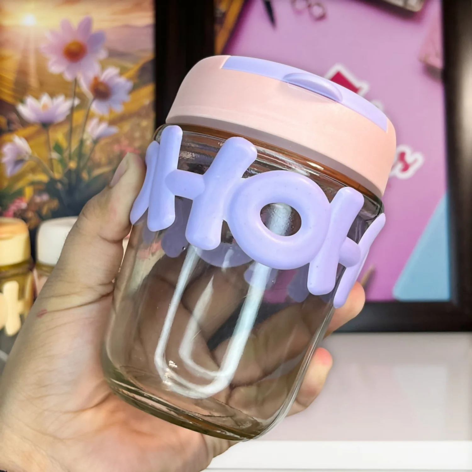 HOHO Cute Glass Milk Jar with Straw & Silicone Lid | 350ml Leakproof Reusable Mason Tumbler | Aesthetic Smoothie & Juice Cup for Kids & Adults | Pastel Silicone Sleeve | 12cm x 7cm | Eco-Friendly Drinkware - Image 2