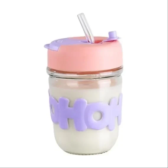 HOHO Cute Glass Milk Jar with Straw & Silicone Lid | 350ml Leakproof Reusable Mason Tumbler | Aesthetic Smoothie & Juice Cup for Kids & Adults | Pastel Silicone Sleeve | 12cm x 7cm | Eco-Friendly Drinkware - Image 3