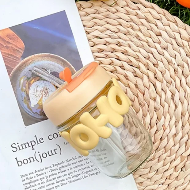 HOHO Cute Glass Milk Jar with Straw & Silicone Lid | 350ml Leakproof Reusable Mason Tumbler | Aesthetic Smoothie & Juice Cup for Kids & Adults | Pastel Silicone Sleeve | 12cm x 7cm | Eco-Friendly Drinkware - Image 6
