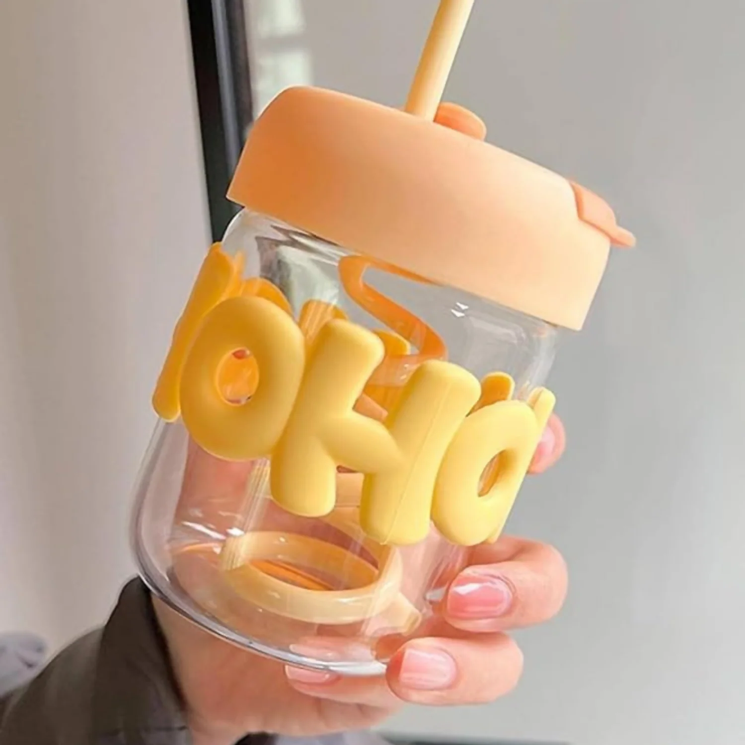 HOHO Cute Glass Milk Jar with Straw & Silicone Lid | 350ml Leakproof Reusable Mason Tumbler | Aesthetic Smoothie & Juice Cup for Kids & Adults | Pastel Silicone Sleeve | 12cm x 7cm | Eco-Friendly Drinkware - Image 7