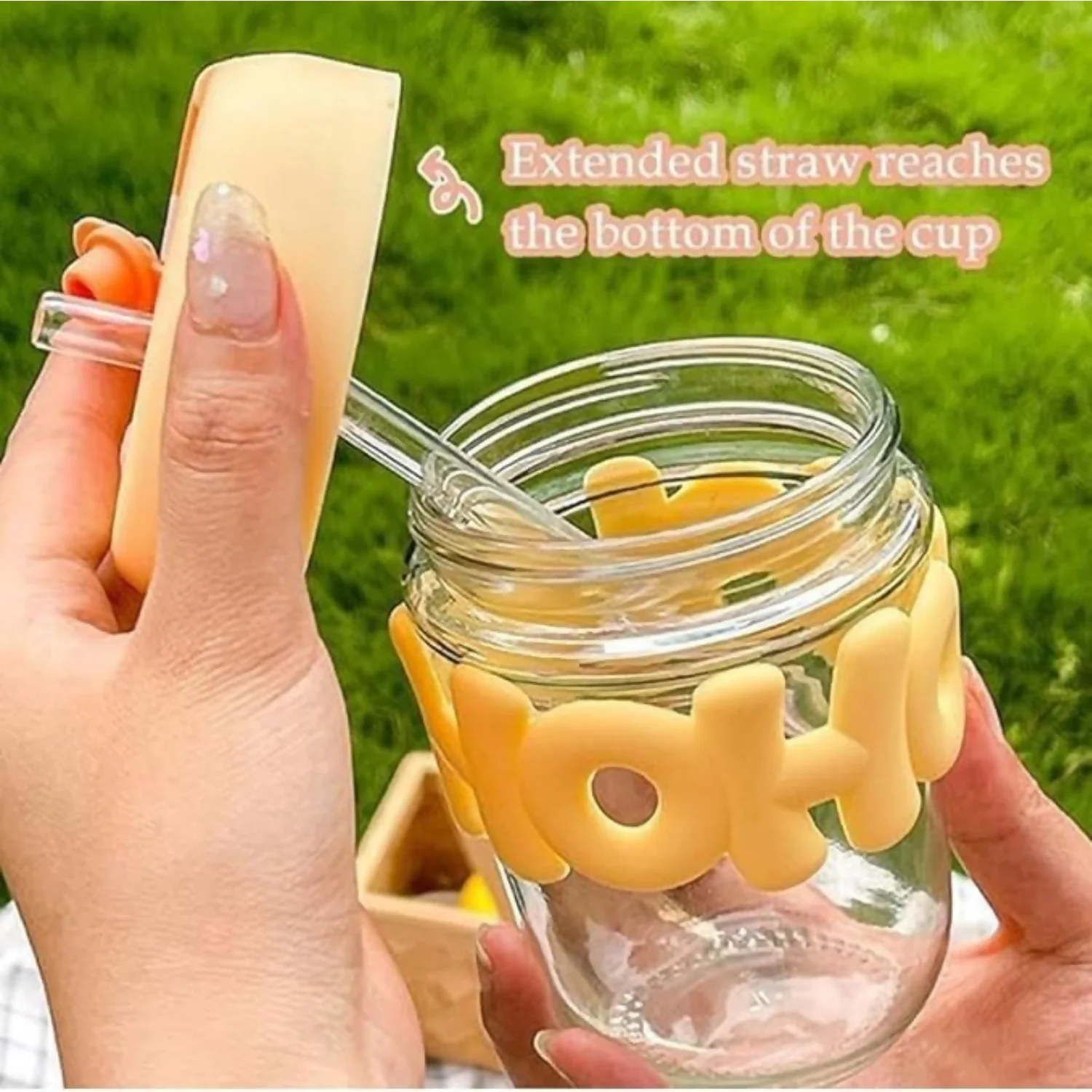 HOHO Cute Glass Milk Jar with Straw & Silicone Lid | 350ml Leakproof Reusable Mason Tumbler | Aesthetic Smoothie & Juice Cup for Kids & Adults | Pastel Silicone Sleeve | 12cm x 7cm | Eco-Friendly Drinkware - Image 9