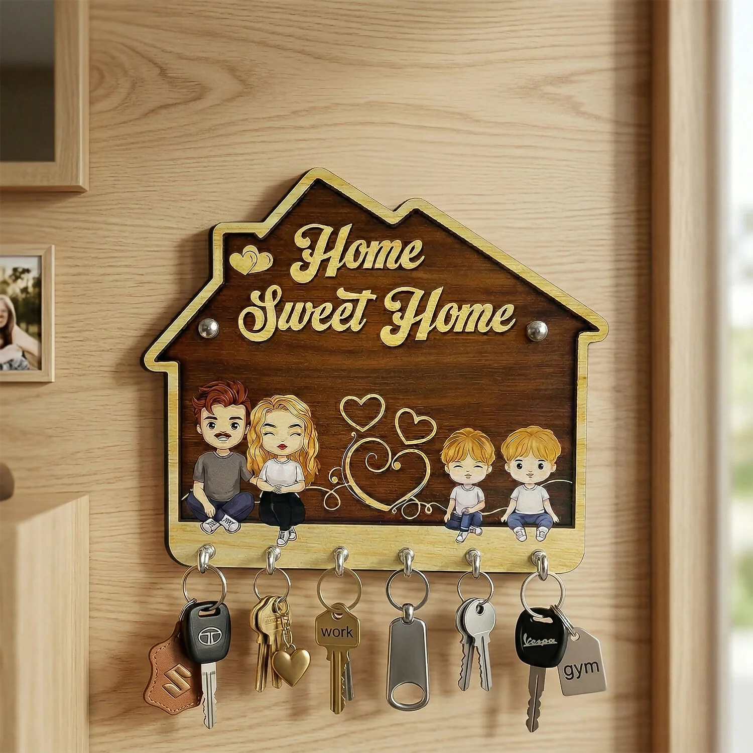 Home Sweet Home Wooden Key Holder with 5 Hooks Decorative Wall Key Stand for Home - Image 2
