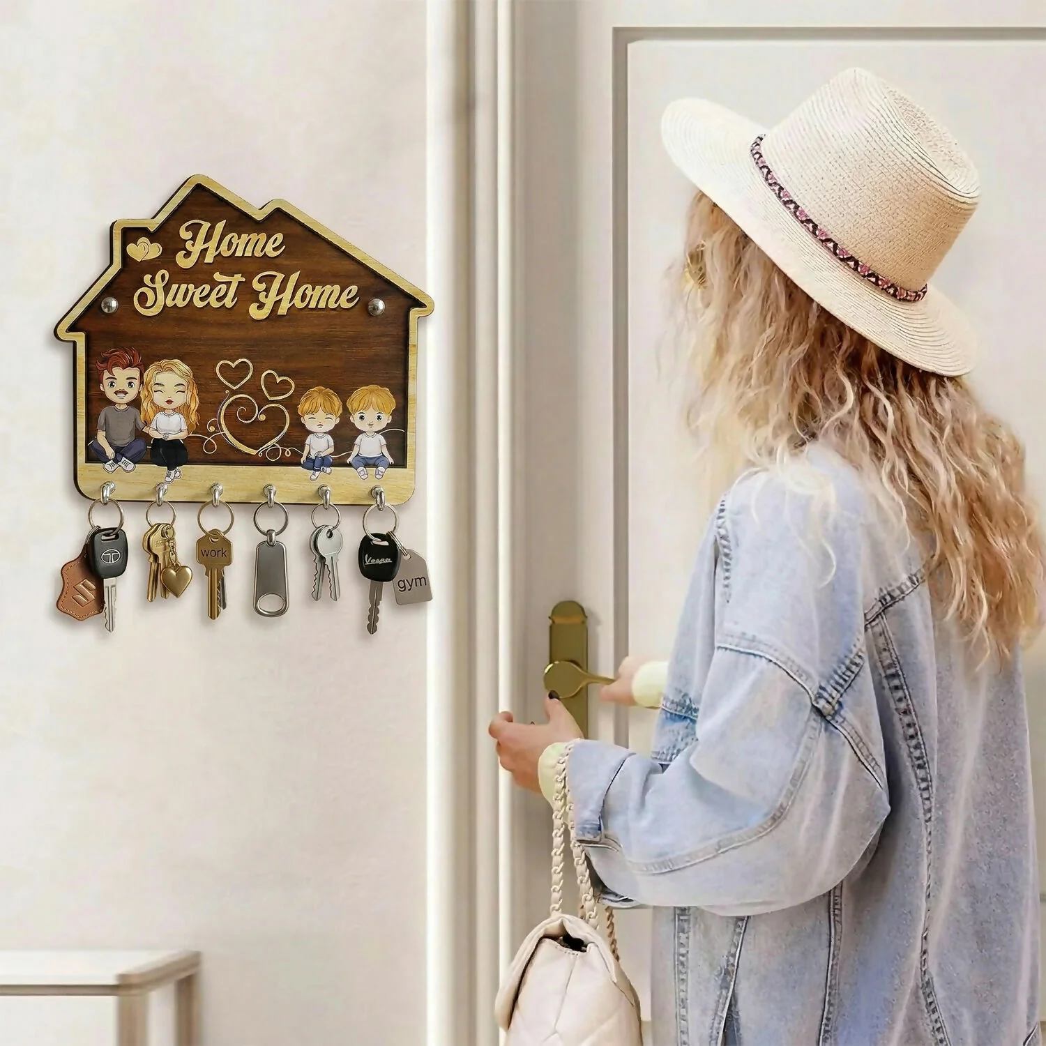 Home Sweet Home Wooden Key Holder with 5 Hooks Decorative Wall Key Stand for Home - Image 3