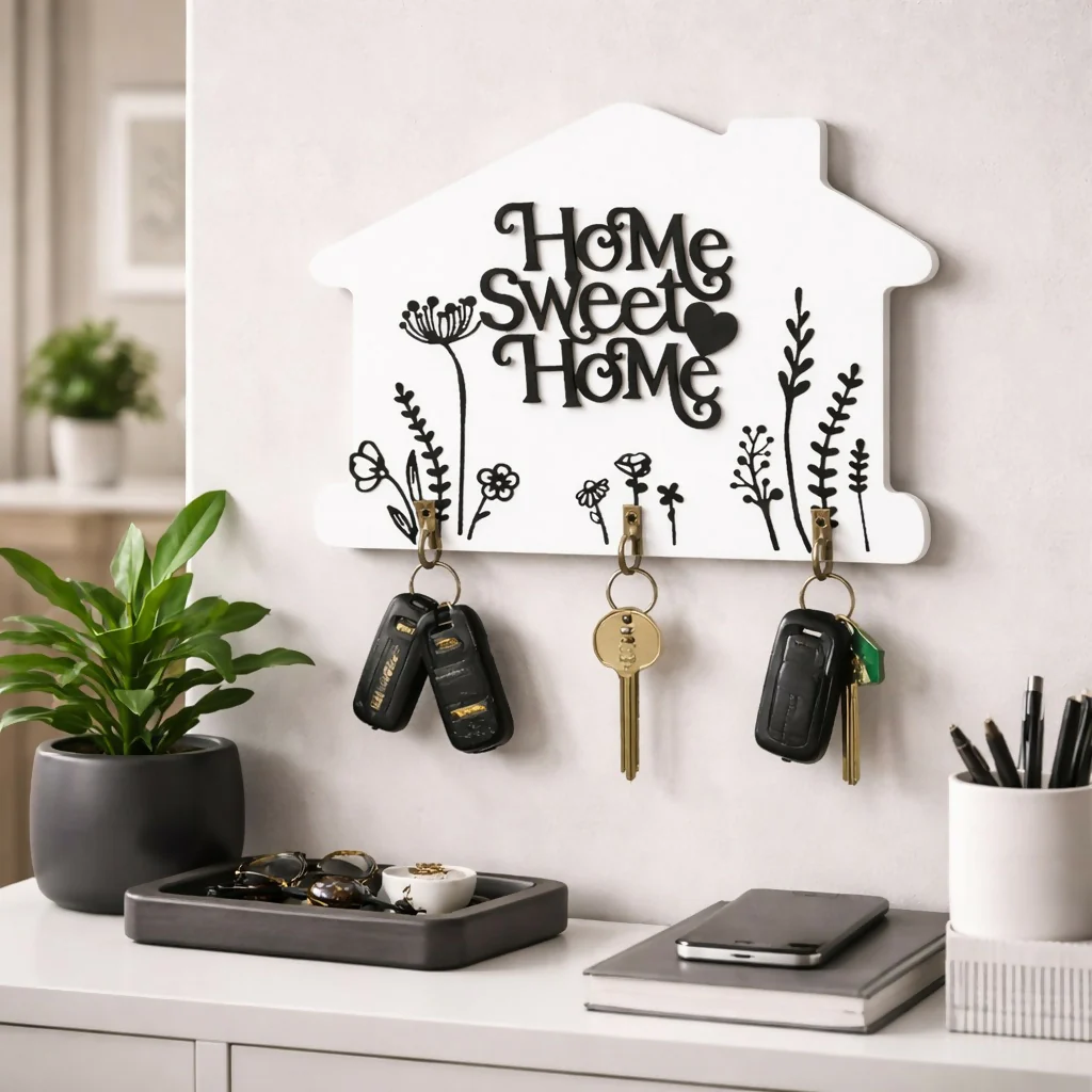 Home Sweet Home Wooden Key Holder Wall Mount with Hooks - Image 2