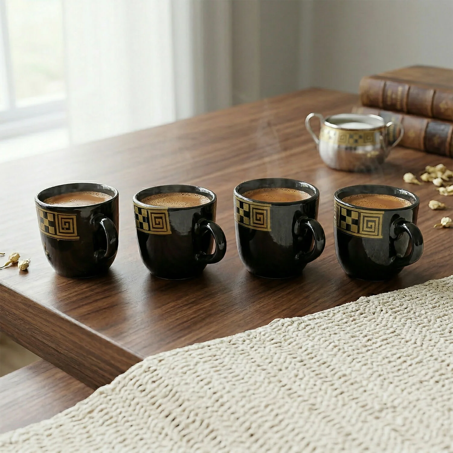 Hot Espresso Cup Set Black Gold Coffee Mug Bowl Set with Serving Pot (9 Pc) - Image 2