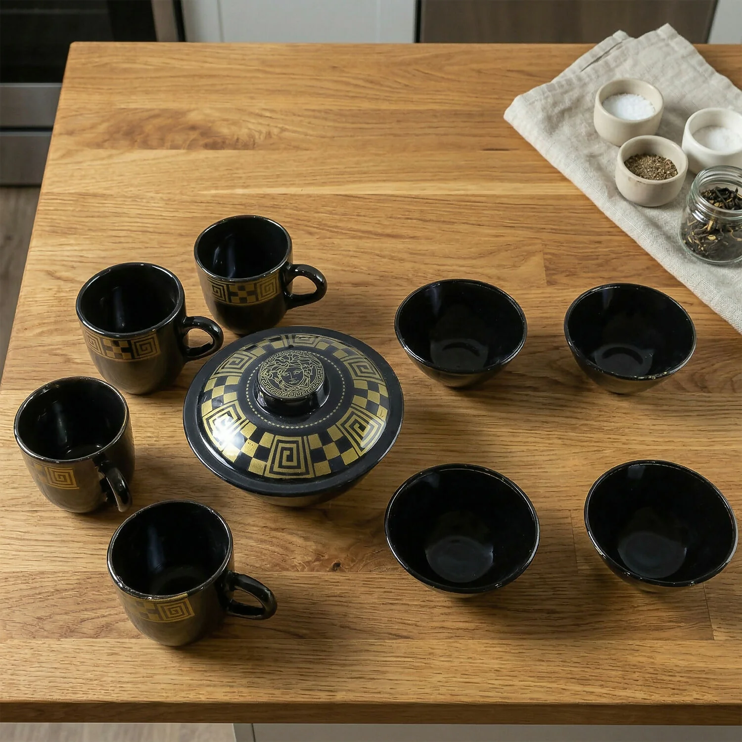 Hot Espresso Cup Set Black Gold Coffee Mug Bowl Set with Serving Pot (9 Pc) - Image 3
