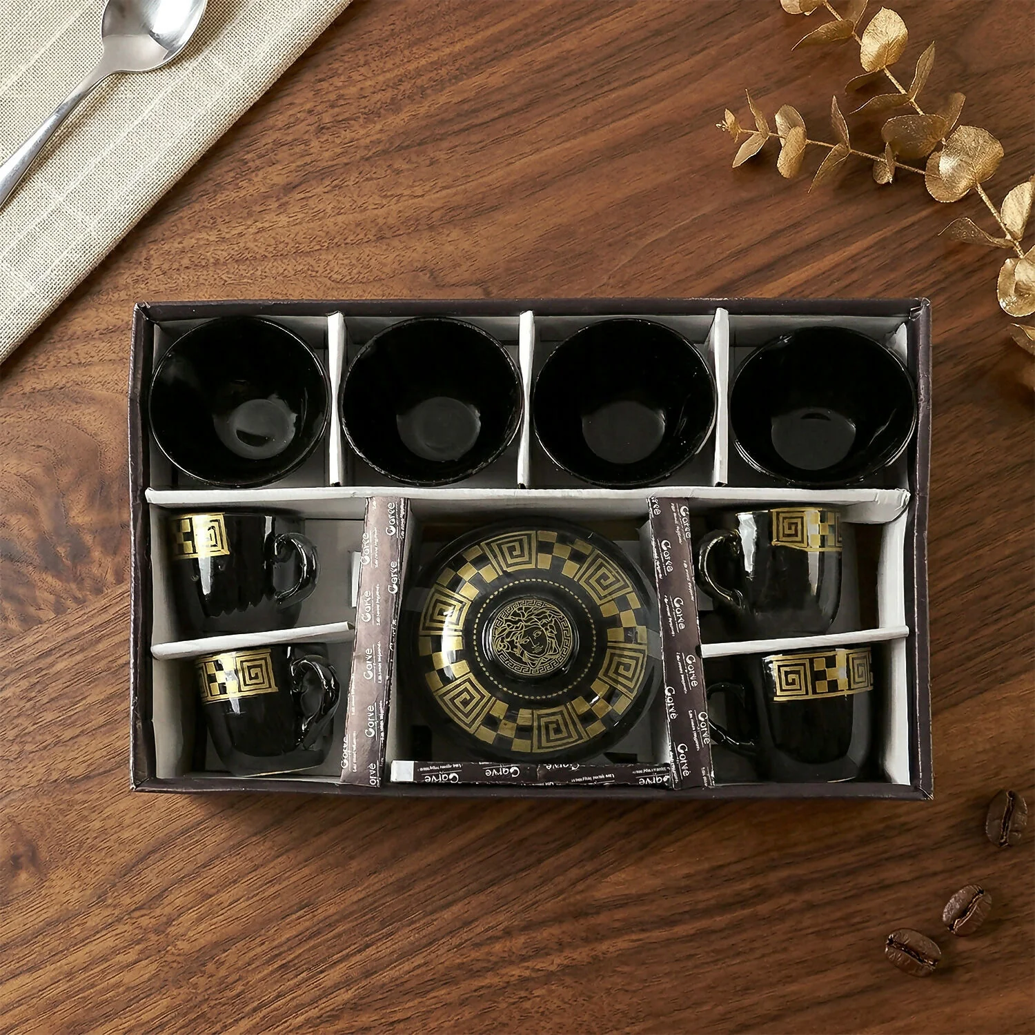Hot Espresso Cup Set Black Gold Coffee Mug Bowl Set with Serving Pot (9 Pc) - Image 4