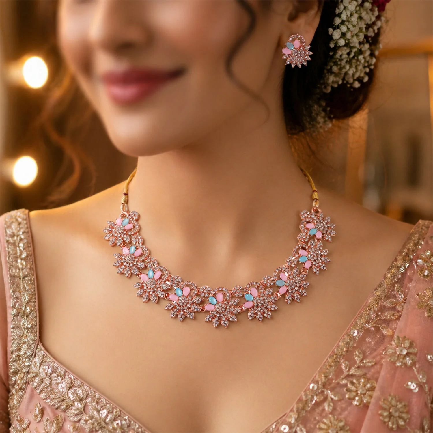 Hot Pink and Blue Stones Necklace & Earrings Set with Gold Plating - Image 2