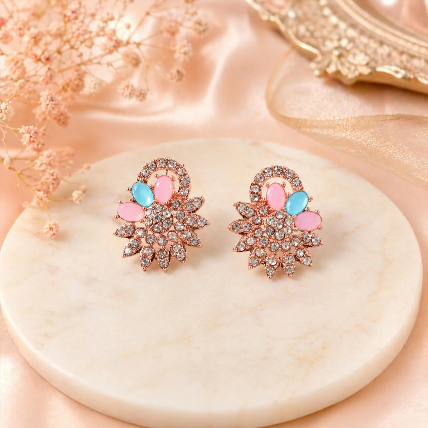 Hot Pink and Blue Stones Necklace & Earrings Set with Gold Plating - Image 3
