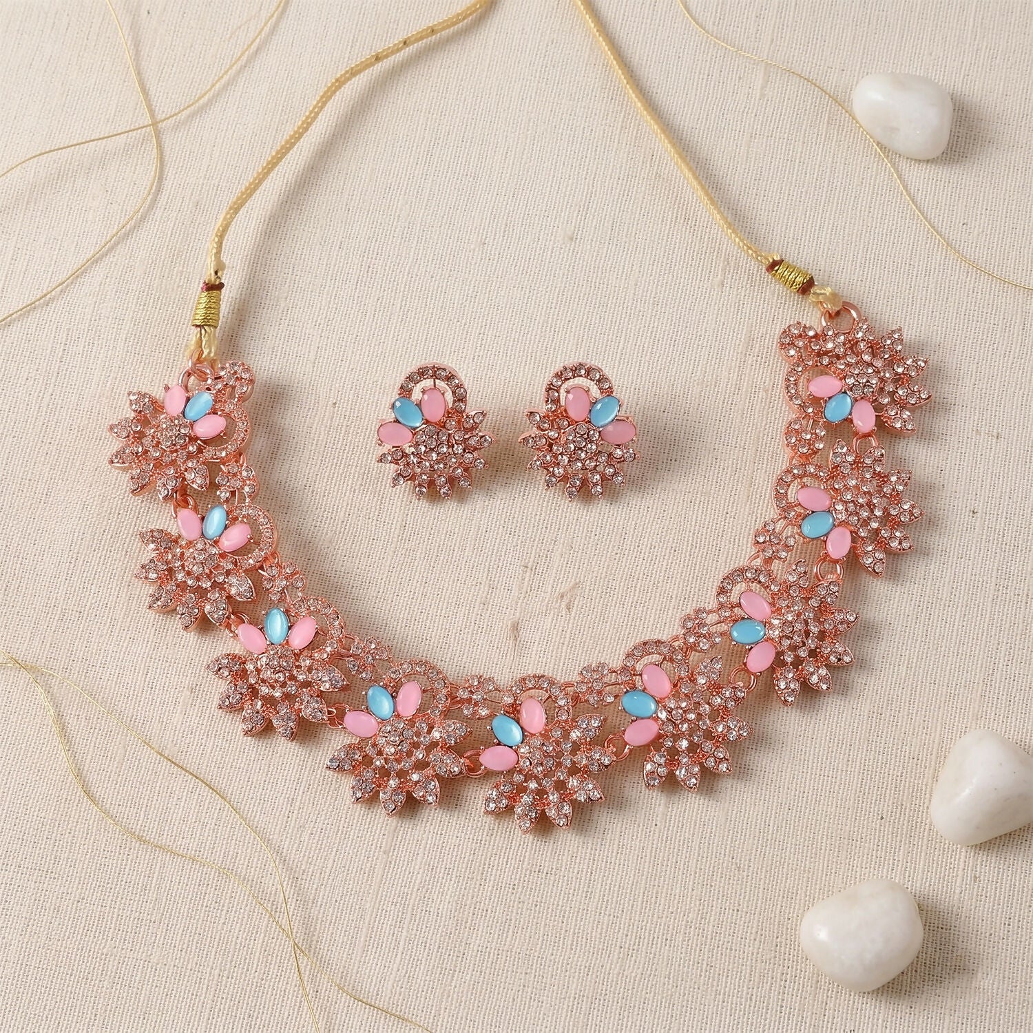 Hot Pink and Blue Stones Necklace & Earrings Set with Gold Plating - Image 4