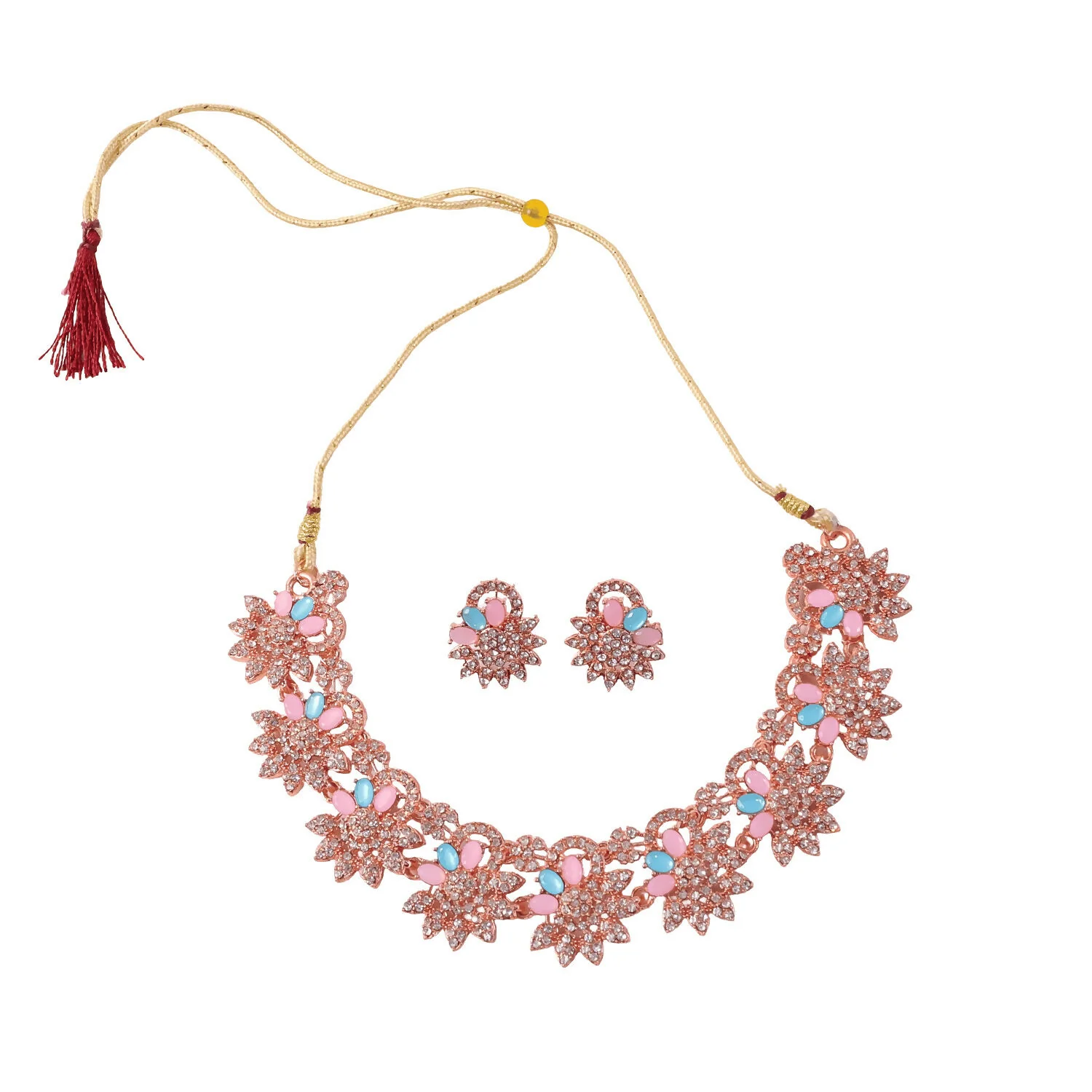 Hot Pink and Blue Stones Necklace & Earrings Set with Gold Plating - Image 5