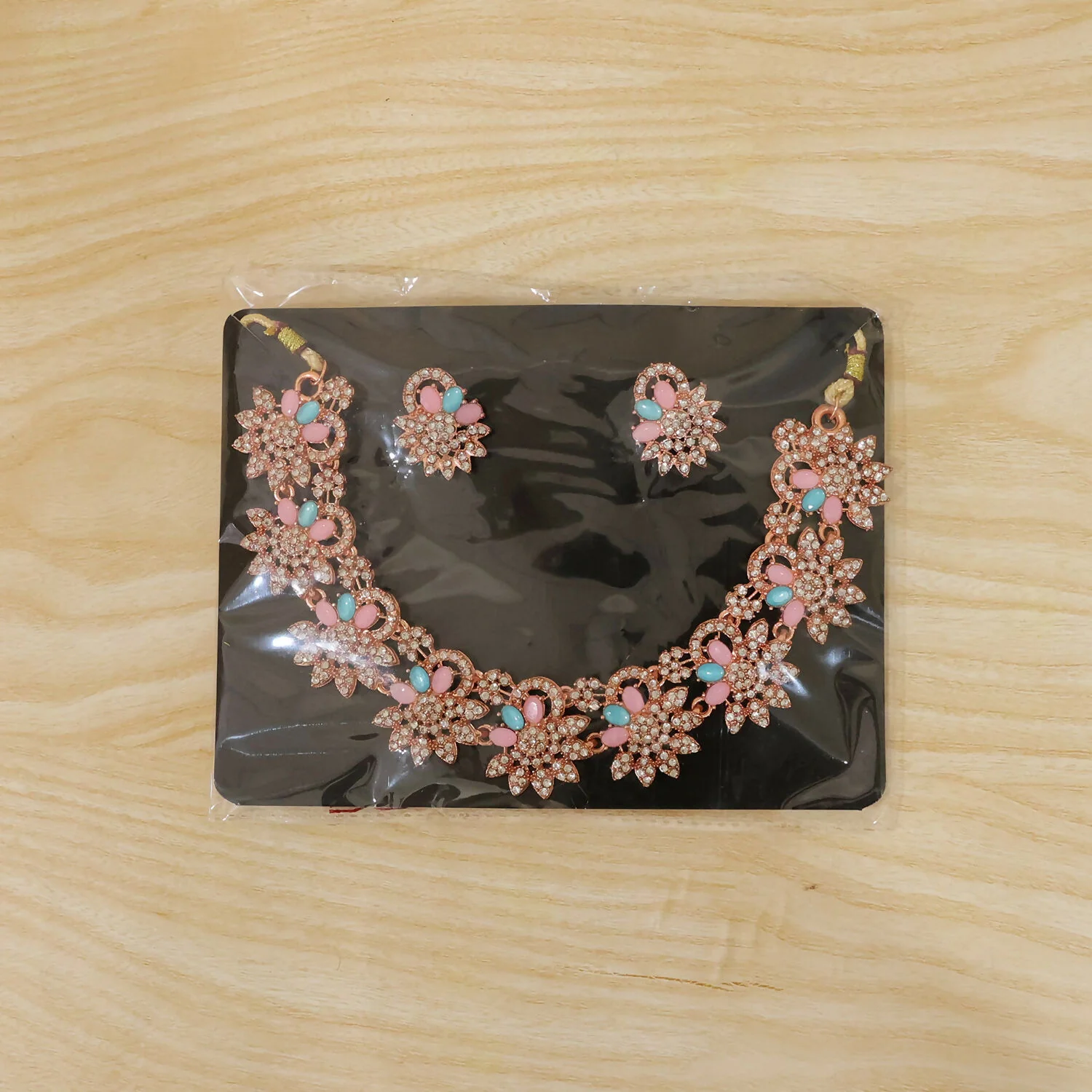 Hot Pink and Blue Stones Necklace & Earrings Set with Gold Plating - Image 6