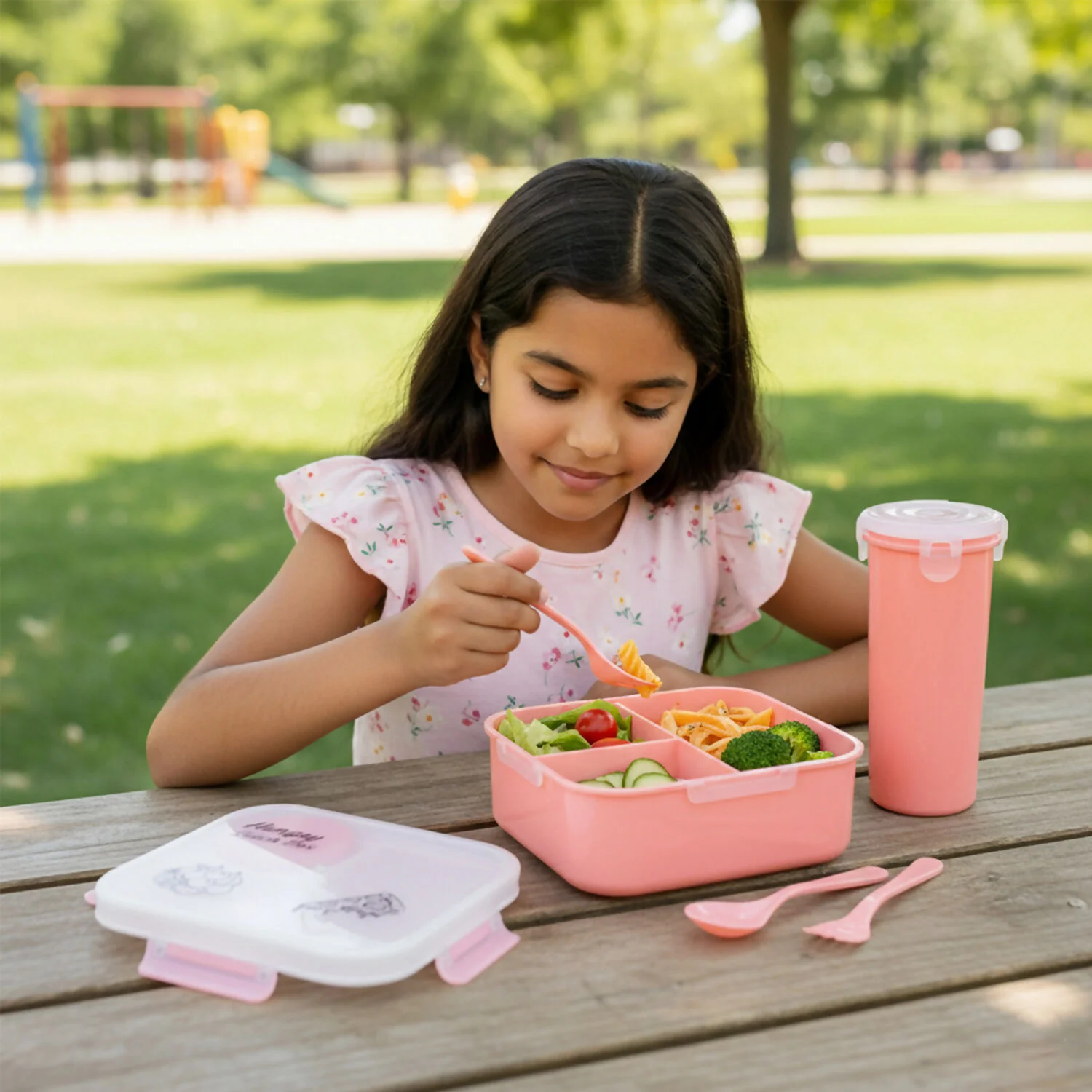 Hungry Lunch Box Combo Set – Unbreakable Plastic Lunch Box with Spoon, Fork & Extra Container for Kids - Image 3