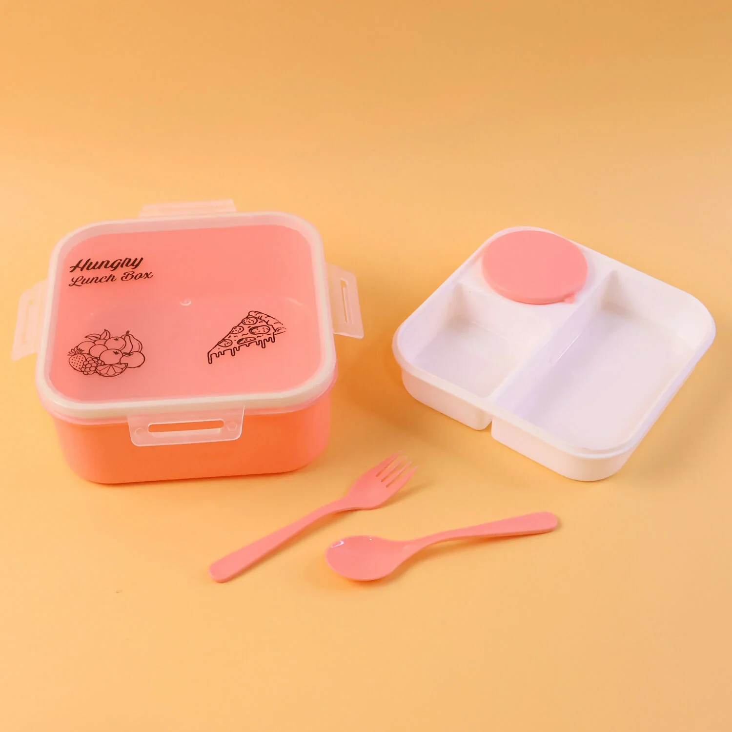 Hungry Lunch Box Combo Set – Unbreakable Plastic Lunch Box with Spoon, Fork & Extra Container for Kids - Image 4
